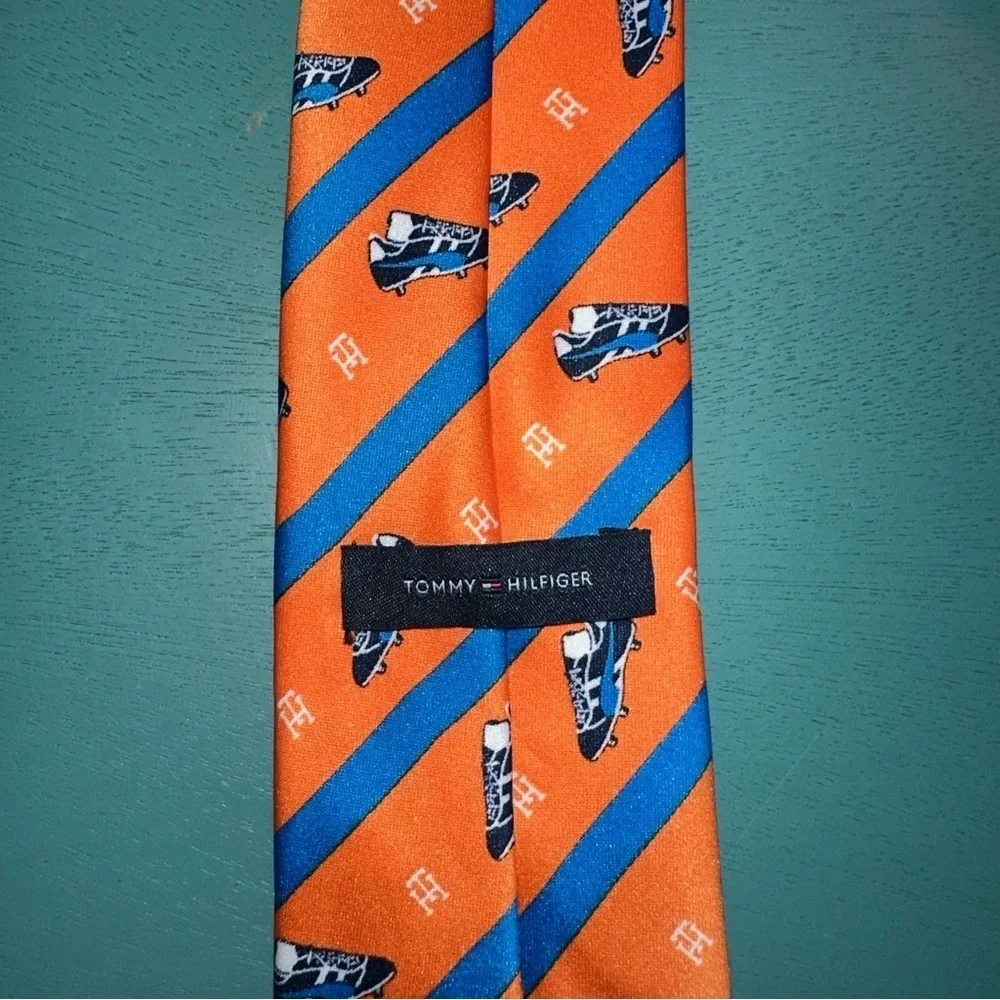 Tommy Hilfiger Tie Orange & Blue Stripes Necktie Cleats Print Sports Classic